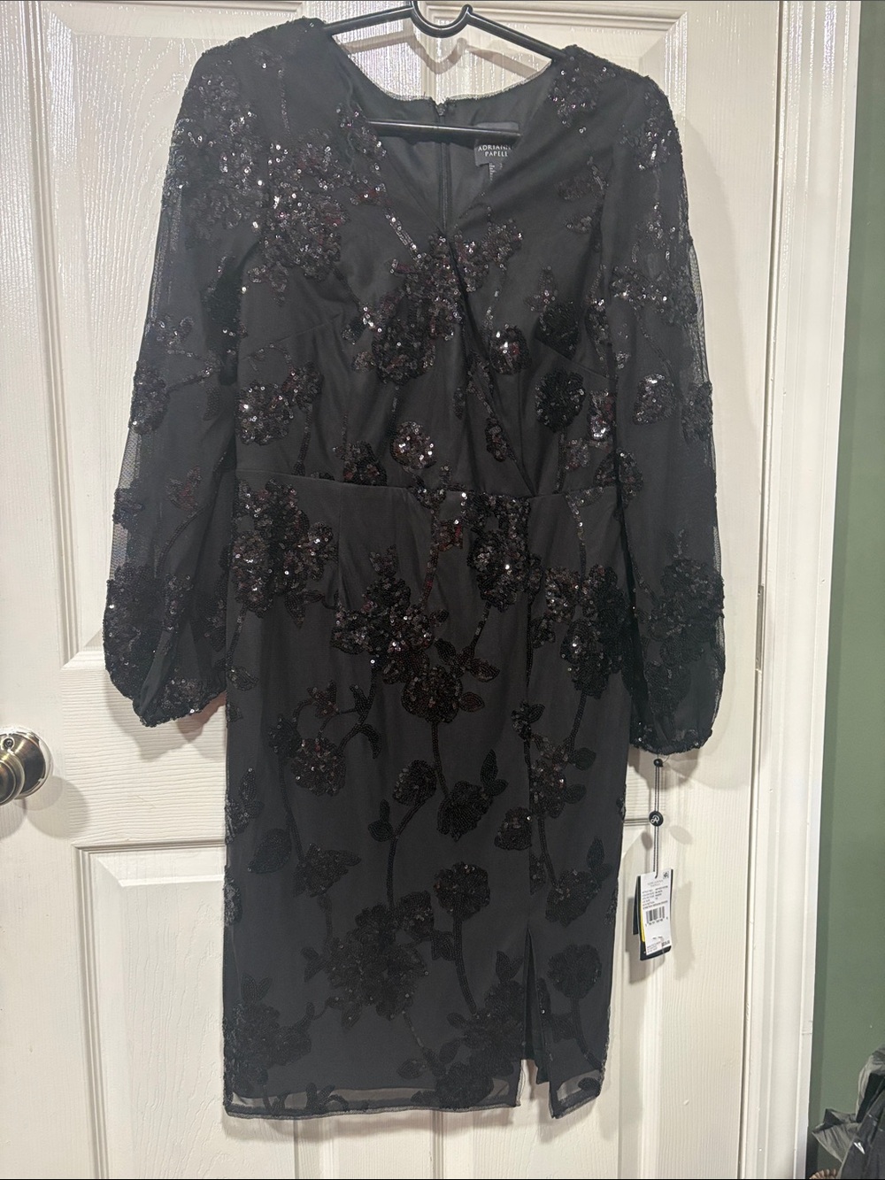 Adrianna Papell Black Sequin Floral Sheath Dress with Long Sleeves